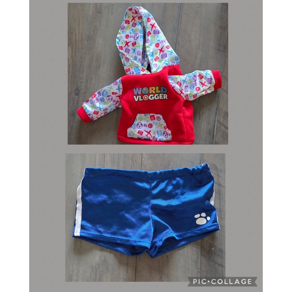 Build A Bear World Vlogger Hoodie With Passport Shirt & Blue Shorts Outfit Set